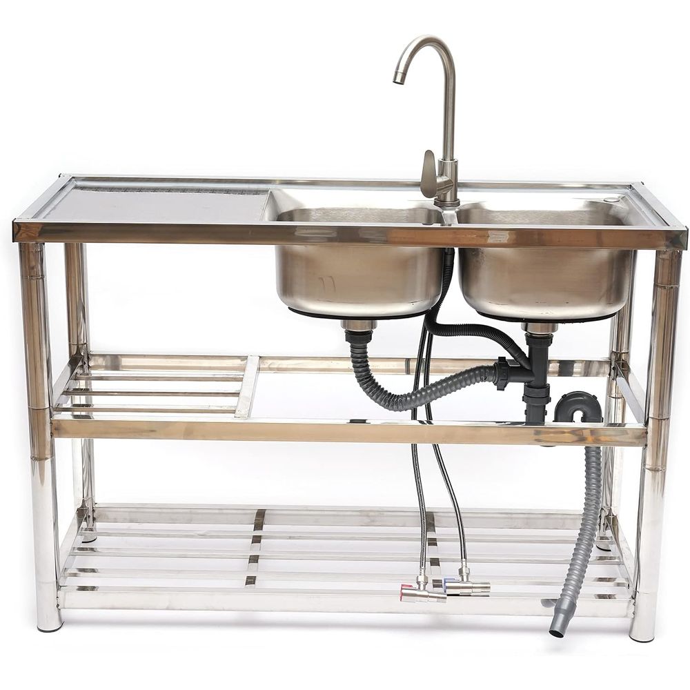 Commercial Kitchen Set - Standing Stainless Steel Double Bowl Sink,